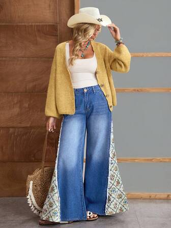 EMERY ROSE Women's Vacation Casual Jacquard Patchwork Wide Leg Jeans