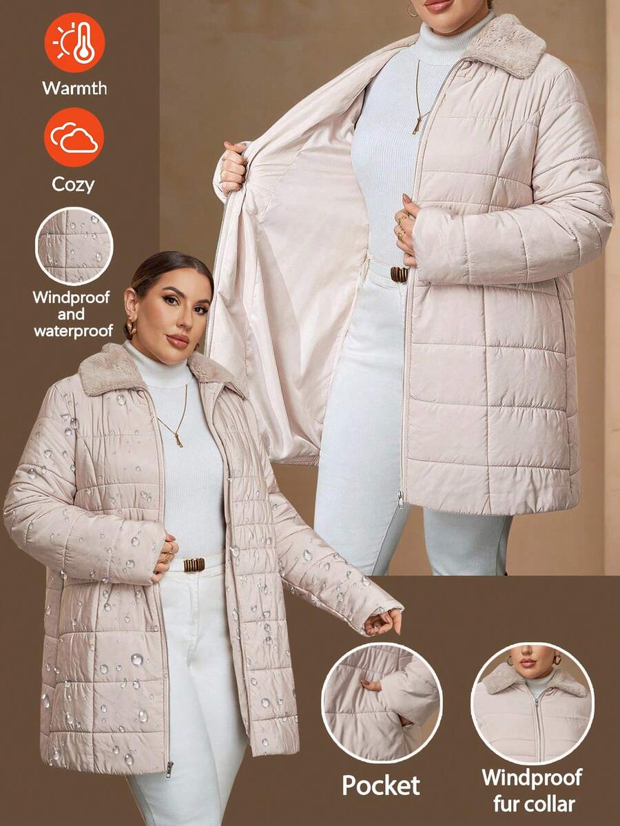 SHEIN Clasi 大码女士优雅加厚毛领浅卡其色外套,适合秋季、冬季、外出、工作、办公室穿着,也适合商务女性、办公室职业装、大码办公室女装、秋季工作女装。这款外套防风防水,加厚抓绒内里,保暖舒适,是冬季大码外套的理想之选。 - 卡其色 - 查看 1