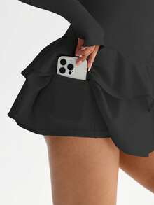 Dewbera 女士夏季运动连衣裙，短袖露背设计，牛奶丝面料带衬里，腰带带口袋，双层裙摆，适合户外运动、瑜伽、健身、网球、跑步 - 黑色 - 查看 6