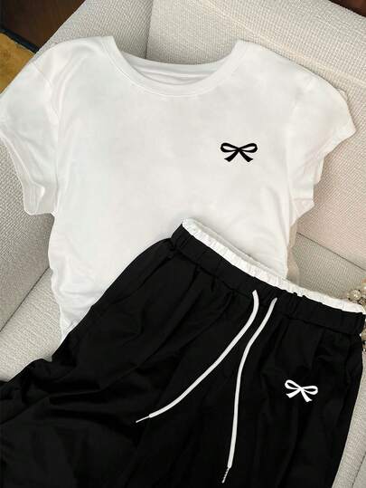 Resyla Women's Casual Bow Print T-Shirt And Elastic Waist Contrast Color Wide Leg Pants Set, Suitable For Spring, Autumn, Summer, Back To School Season, Suitable For Outdoor Sports