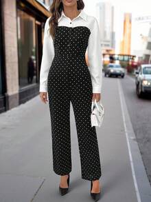 SHEIN Clasi Quần ống loe dệt kim chấm bi đen trắng cổ tim thắt eo dành cho nữ, kiểu dáng thanh lịch mặc hàng ngày, áo liền quần dài tay cho mùa thu/đông. - Đen và trắng - Xem 7