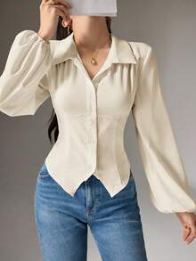 Heiryn Women's Solid Color Lantern Sleeve Single-Breasted Shirt With Waist Tie Long Sleeve Blouse Cream Blouse Cinched Waist Top - Apricot - View 6