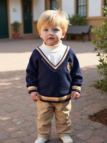 SHEIN Baby Boy V-Neck 2 In 1 Knitted Sweater, High Collar Knit Pullover For Autumn/Winter - Navy Blue - View 3