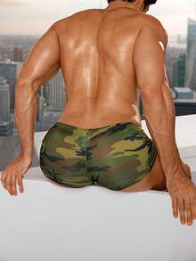 WENEZON 1件男士牛奶丝绸印花内裤，透气迷彩平角内裤 - 軍綠色 - 查看 2