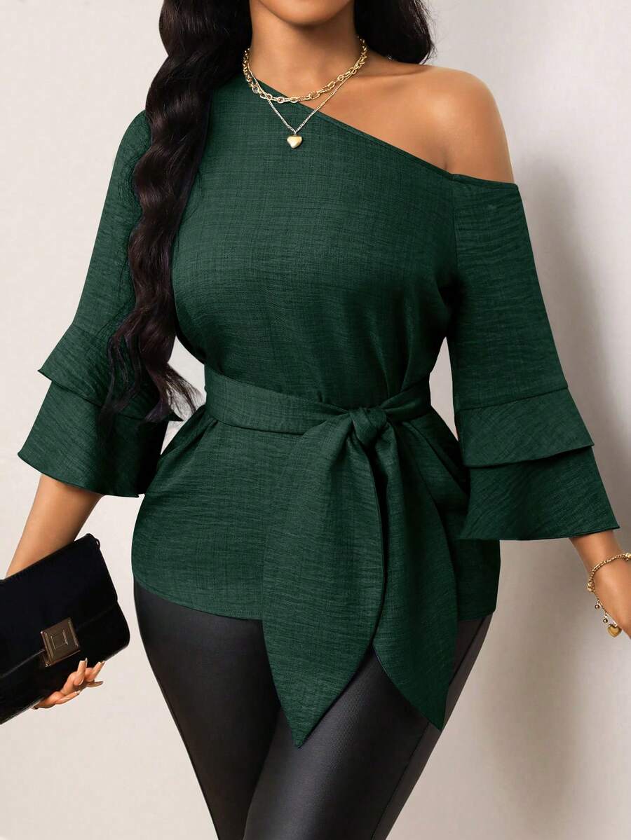 Lunelith SHEIN Lunessa 牛仔效果不对称领荷叶边袖系带衬衫 - 墨綠色 - 查看 1