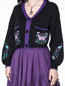 ROMWE Áo khoác cardigan thêu pha lê màu tương phản họa tiết phù thủy phù thủy bí ẩn Gothic Dark - màu đen - Xem 3