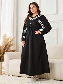 Lacomfia Váy kẻ sọc Colorblock thường ngày cỡ lớn - màu đen - Xem 4