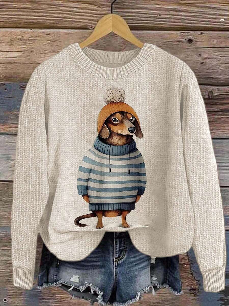 SHEIN LUNE Women's Cute Dachshund Pattern Soft Knit Sweater, Crew Neck Soft Pullover Knit Top, Suitable For Casual Daily Wear - Apricot - View 1