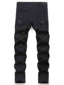 Manfinity Roughcore Men's Pocket Distressed Skinny Casual Jeans Drip Jeans Men Splash Ink Jeans Men Black Ripped Jeans