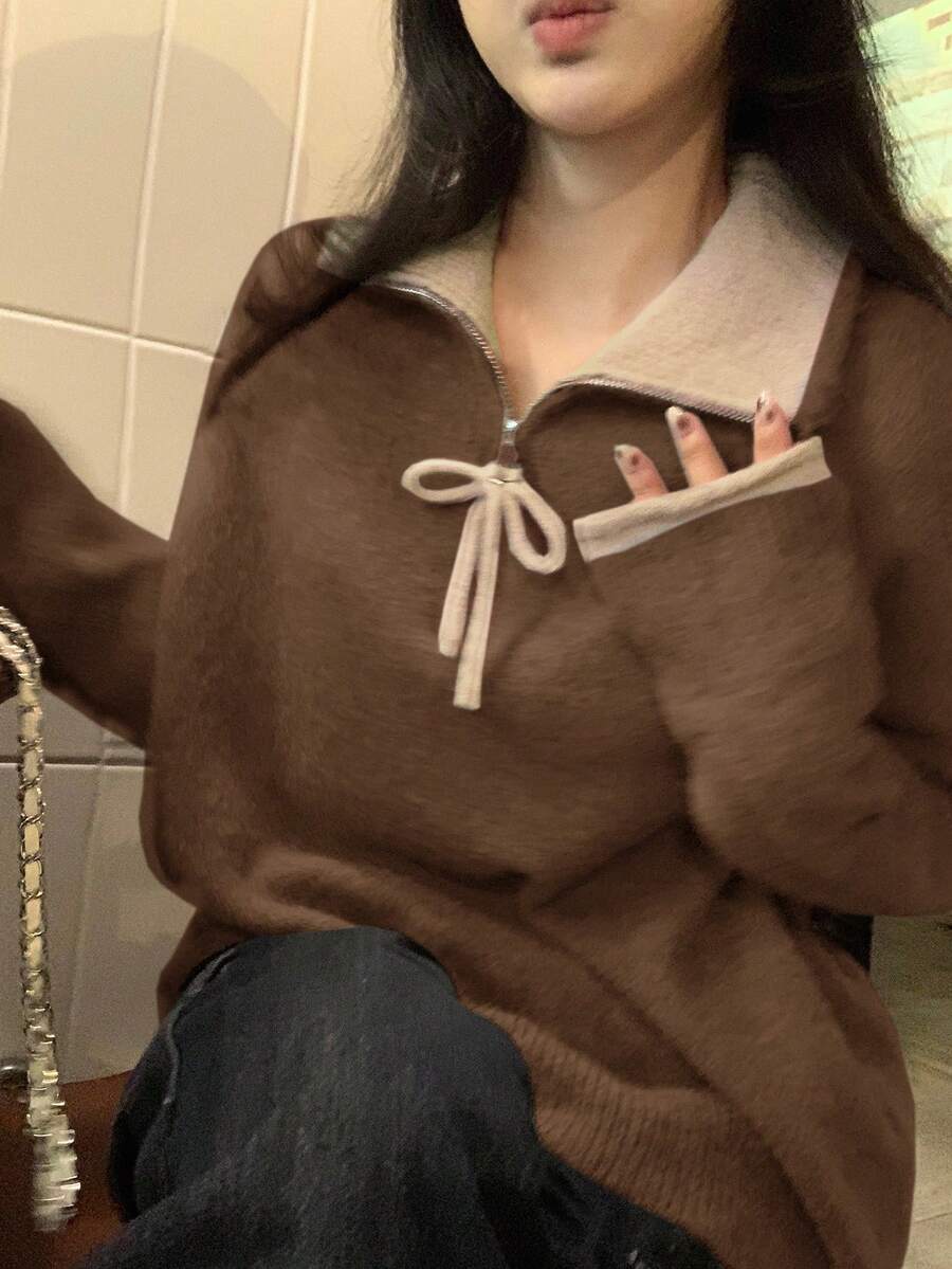 DAZY 女士撞色韩版休闲长袖毛衣，秋冬款 - 咖啡棕 - 查看 1