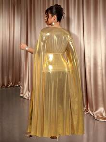 Cravure Plus Size Metallic Swan Velvet V-Neck Wrap Dress With Long Sleeves, Side Slit, Elegant For Party, Banquet, Date, Gathering