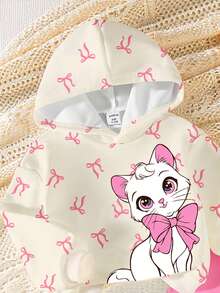 SHEIN 2pcs Baby Girl Casual Chic Cute Bow & Kitty Print Hooded Sweatshirt And Pink Leggings Set, Suitable For Autumn/Winter, Daily, Indoor And Outdoor Wear