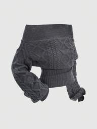 ROMWE 로맨틱 두꺼운 니트 Z-패턴 딥 플로럴 그레이 오프숄더 랜턴 슬리브 풀오버 스웨터