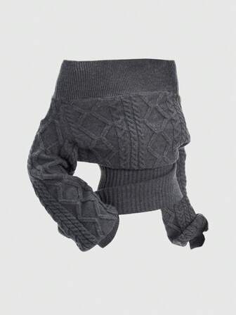 pull à manches lanternes, épaules dénudées, motif floral gris épais et tricoté en forme de Z, romantique