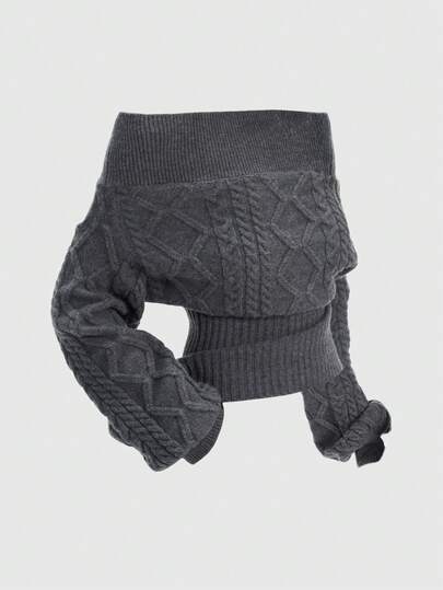 ROMWE 로맨틱 두꺼운 니트 Z-패턴 딥 플로럴 그레이 오프숄더 랜턴 슬리브 풀오버 스웨터