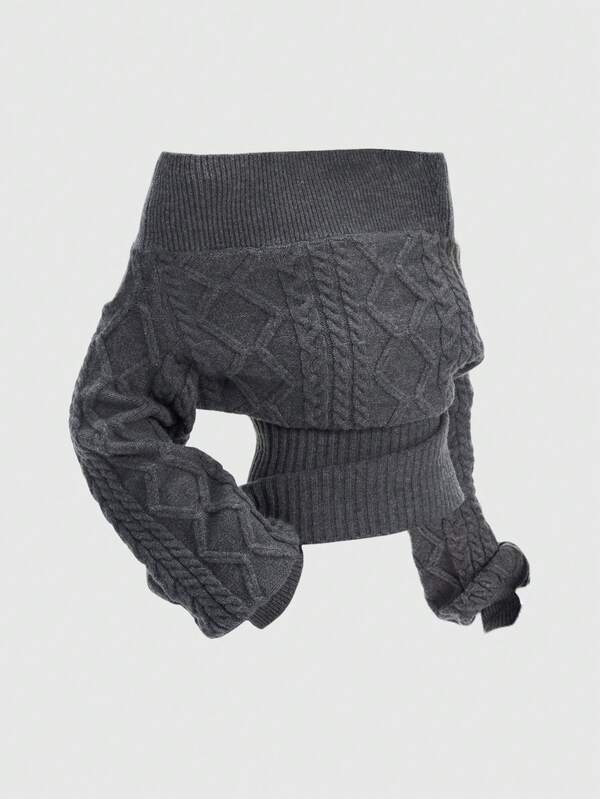 ROMWE 로맨틱 두꺼운 니트 Z-패턴 딥 플로럴 그레이 오프숄더 랜턴 슬리브 풀오버 스웨터