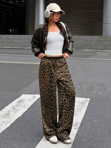 Teen Girls' Leopard Print Patchwork Drawstring Waist Loose Casual Pants