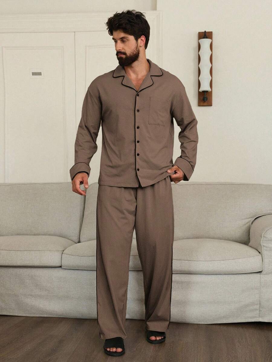DAZY Men's Autumn Lapel NeckLong Sleeve Single-Breasted Shirt And Pants Pajama Set - Coffee Brown - View 1