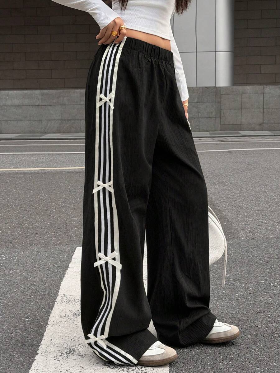 Glowzi Teen Girls Ribbon Bow Decor Loose Fit Black Casual Pants, Versatile And Fashionable For Daily Wear - Black - View 1