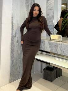 NegzBox Women's Basic Inner Wear Slate Grey Sexy Deep Back Cut-Out Waist Ruched Fitted Skin-Friendly Floor Length Long Sleeve Dress - Coffee Brown - View 6