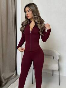 Jemour Black Two Pieces Set Sportswear Zip Up Jacket & Leggings - Burgundy - View 4