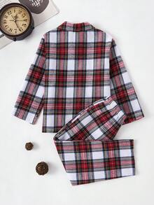 Young Boy Casual Plaid Simple Placket New Button Pocket Elastic Waist 2 Pieces Pajama Set - Multicolor - View 2