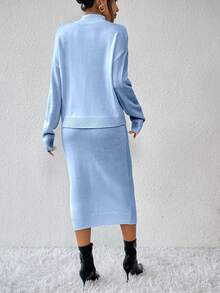 EMERY ROSE Women's Solid Color Stand Collar Drop Shoulder Long Sleeve Sweater And Knitted A-Line Skirt 2-Piece Set, Casual For Autumn/Winter - Baby Blue - View 2