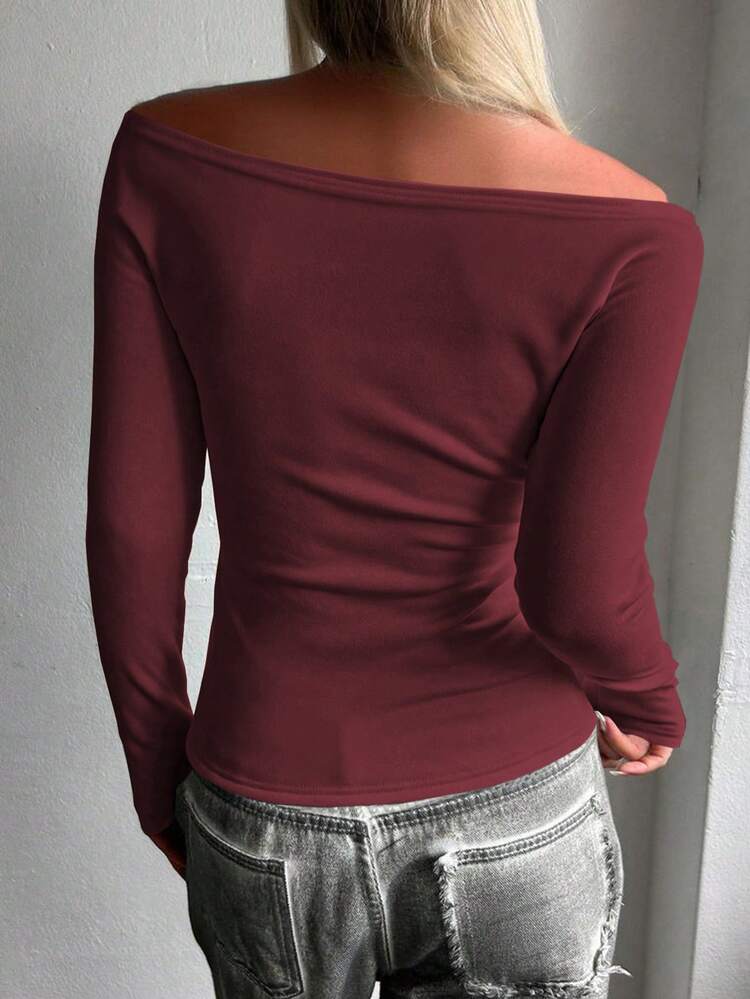 Women's Casual Solid Color Thickened Off Shoulder T-Shirt, Autumn/Winter Long Sleeve Going Out Tops Women