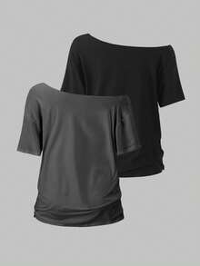 FavEase 2pcs Women's Loose Asymmetrical Shoulder T-Shirts, Elegant Black & Gray Oversized Solid Color Tops - Multicolor - View 2