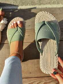 Sandalia para mujer cruzada tela tejida punta abierta sin cordón estilo bohemio casual playa verano sandalia de yute plana - Verde militar - Ver 1