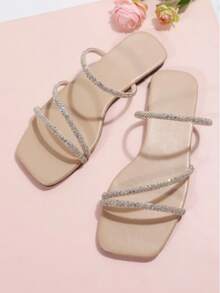 Sandalia para mujer tiras brillantes diseño glamuroso punta cuadrada sin cordón estilo elegante fiesta verano sandalia plana - Rosa Pálido - Ver 5