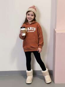 Sudadera con capucha, bolsillo, textura jacquard, rayas, gráfico vintage de París y estilo callejero para niñas preadolescentes - Marrón - Ver 1