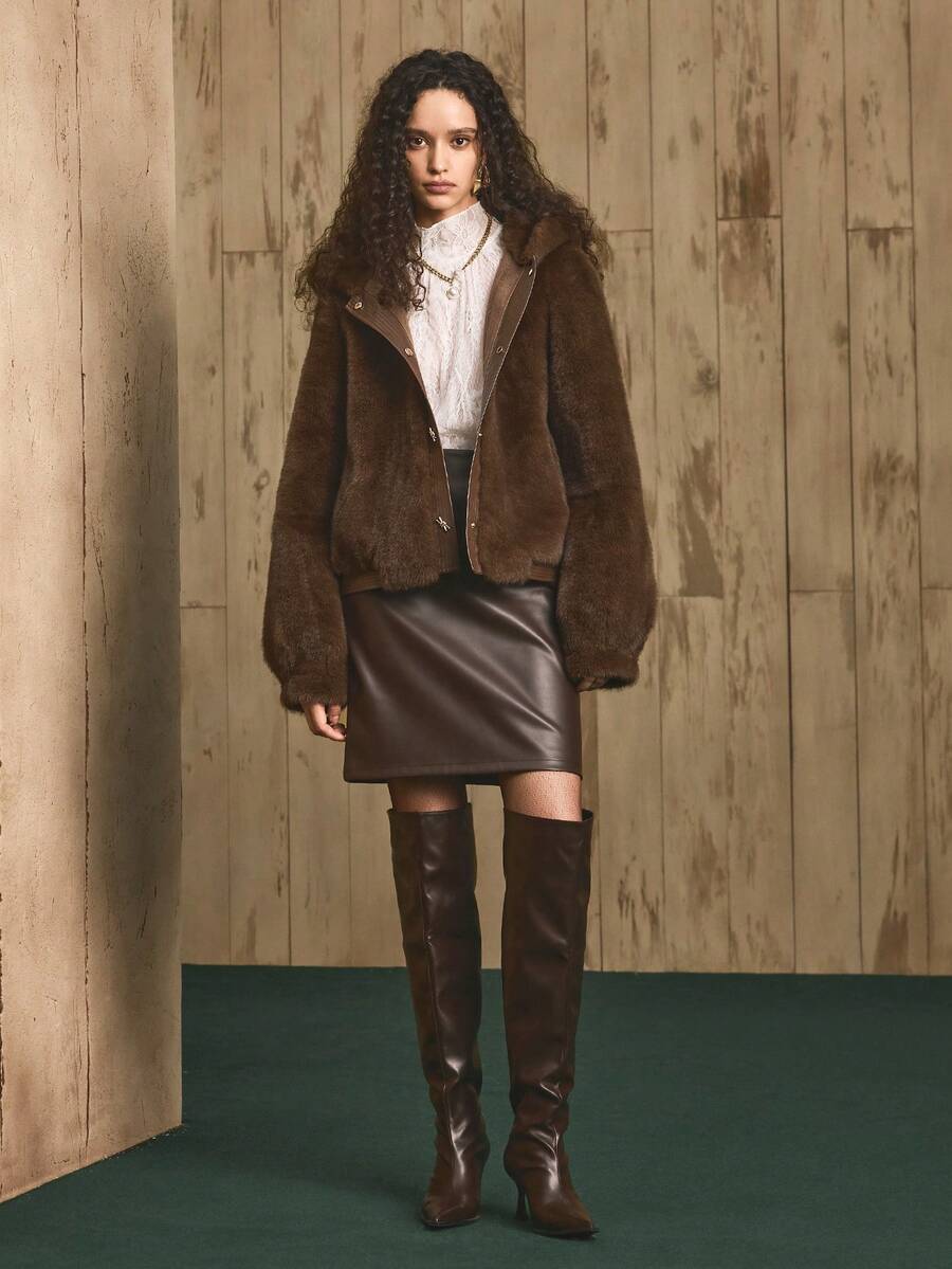 Revavyn Revavyn Women's Coffee Brown Short Faux Fur Coat,Winter Elegant Date Faux Leather Patchwork Buttons Straight Fit Fluffy Collar Jacket For Holiday Party - Coffee Brown - View 1