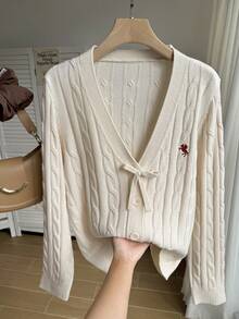SHEIN EZwear Plus Size Red & White Christmas Bow Knit Cardigan, Soft & Comfortable, Suitable For Christmas, Holidays, Embroidered Women Cardigan Sweaters For Women Cardigan - Beige - View 8