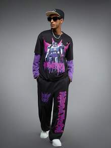 Transformers X SHEIN 男士休闲机器人字母图案落肩卫衣和运动裤套装，秋季 - 黑色 - 查看 4