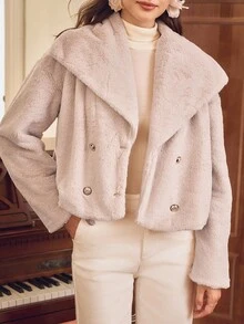 Omancia 女士优雅翻领粉色人造毛皮蓬松夹克，休闲外套，适合派对、万圣节、圣诞节、新年、感恩节、秋冬 - 杏色 - 查看 5