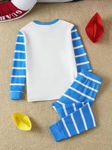 Popeye X SHEIN Bộ đồ ngủ liền thân co giãn màu tương phản họa tiết hoạt hình sọc xanh trắng cho bé trai - Màu xanh lam - Xem 3