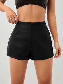 SHEIN PETITE 女士复古酒红色性感皮革PU迷你短裤，适合派对、万圣节、圣诞节、感恩节等各种场合，性感魅惑的职场穿搭。 - 黑色 - 查看 6