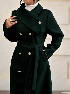 Roveilla معطف صوفي طويل أنيق ذو لون أحادي وربطة خصر مزدوجة الصدر وأكمام طويلة، جودة عالية ورومانسي، مناسب للمرأة ذات الحجم الكبير