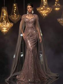 Glamrae 优雅奢华串珠亮片花卉网眼泡泡袖美人鱼长裙，适合婚礼、单身派对、度假、庆典、晚会正式穿着（重度装饰） - 咖啡棕 - 查看 3