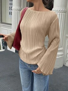SHEIN Elenzya Áo sơ mi xếp ly cổ tròn tay loe rộng thu đông - Màu Khaki - Xem 4