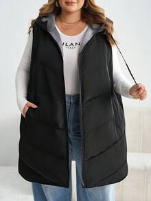 SHEIN CURVE+ 大码女式带帽无袖羽绒服，秋冬季 - 彩色 - 查看 6