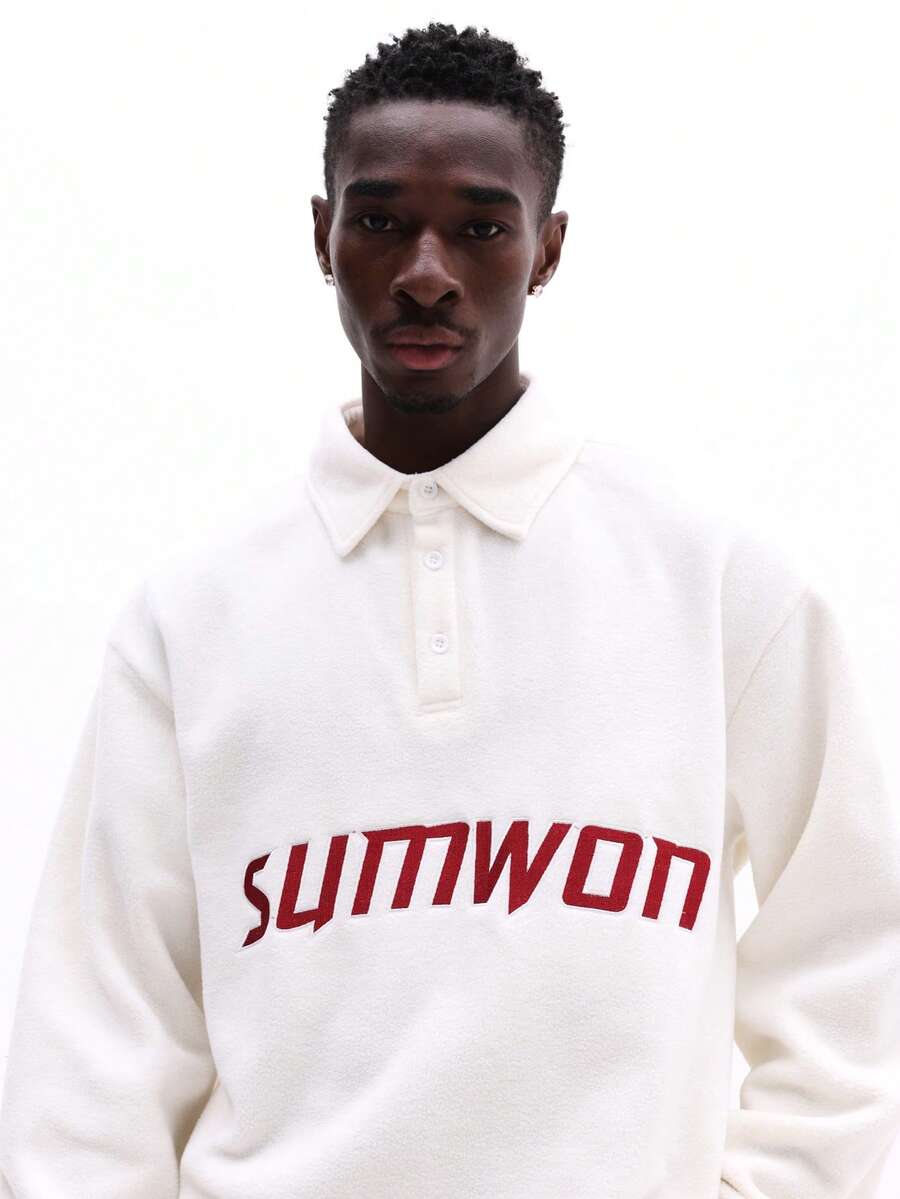 SUMWON 长袖 Polo 衫，纽扣门襟，醒目文字印花，适合日常休闲穿着 - 杏色 - 查看 1