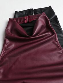 Sweetra Women's Fashionable Sexy Halter PU Leather Party Crop Top 2 Pieces Set