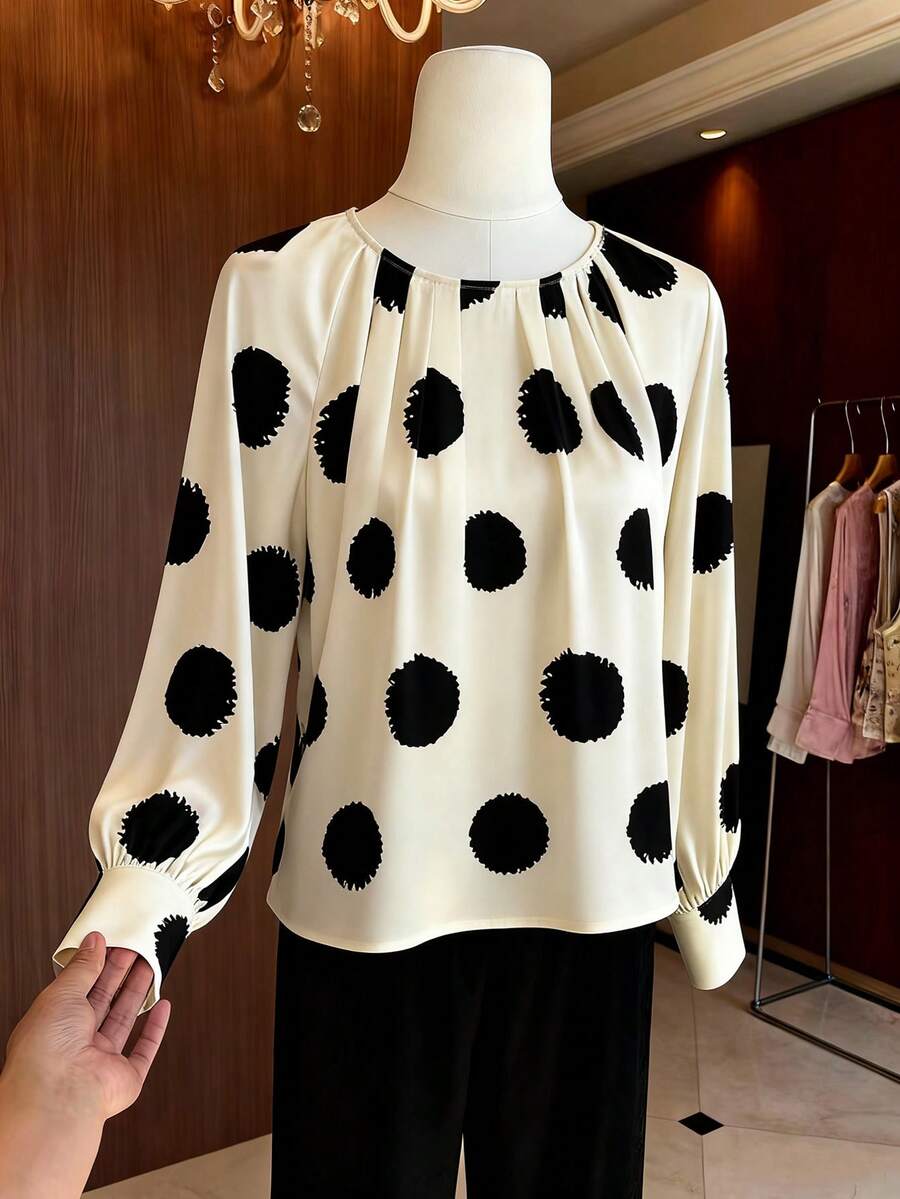 Chiquease 女士波点宽松衬衫，波点可爱复古上衣，女士可爱上衣 - 杏色 - 查看 1