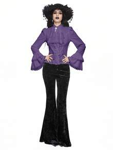 ROMWE Goth 复古宫廷风格哥特式可拆卸荷叶边领带，巴洛克水晶吊坠，喇叭袖荷叶边，收腰女式衬衫 - 紫色 - 查看 5