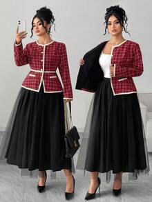 Elenzga Plus Size Women's Elegant Plaid Patchwork Ruffle Jacket And Tulle Pom Pom Princess Skirt 2 Pieces Set,Black And Red Autumn Formal Party Outfits - Multicolor - View 1
