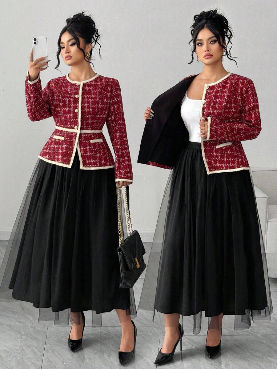 Elenzga Plus Size Women's Elegant Plaid Patchwork Ruffle Jacket And Tulle Pom Pom Princess Skirt 2 Pieces Set,Black And Red Autumn Formal Party Outfits - Multicolor - View 1