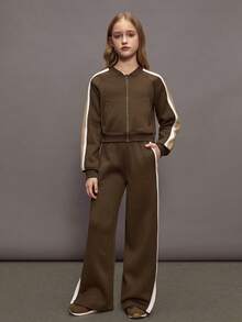 SHEIN Tween Girls 2 Pieces Casual Jacket & Pants Set,Olive Green,Autumn,Streetwear,City Break,Color Block Design With Contrast Trim,Relaxed Fit Knit Outfit - Coffee Brown - View 1