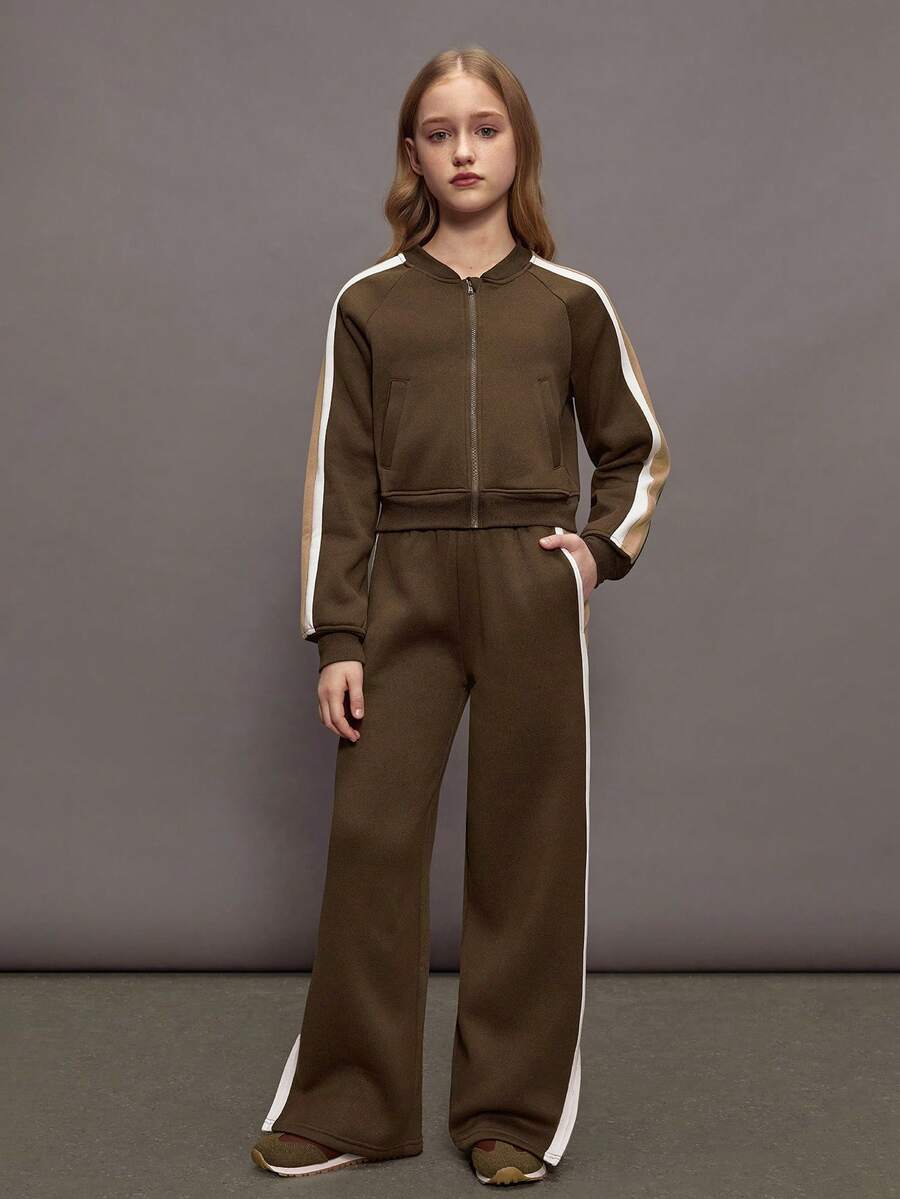 SHEIN Tween Girls 2 Pieces Casual Jacket & Pants Set,Olive Green,Autumn,Streetwear,City Break,Color Block Design With Contrast Trim,Relaxed Fit Knit Outfit - Coffee Brown - View 1
